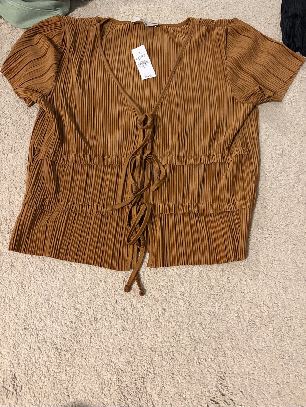 LOFT Pleated Tie-Front Short Sleeve Top in Caramel Brown